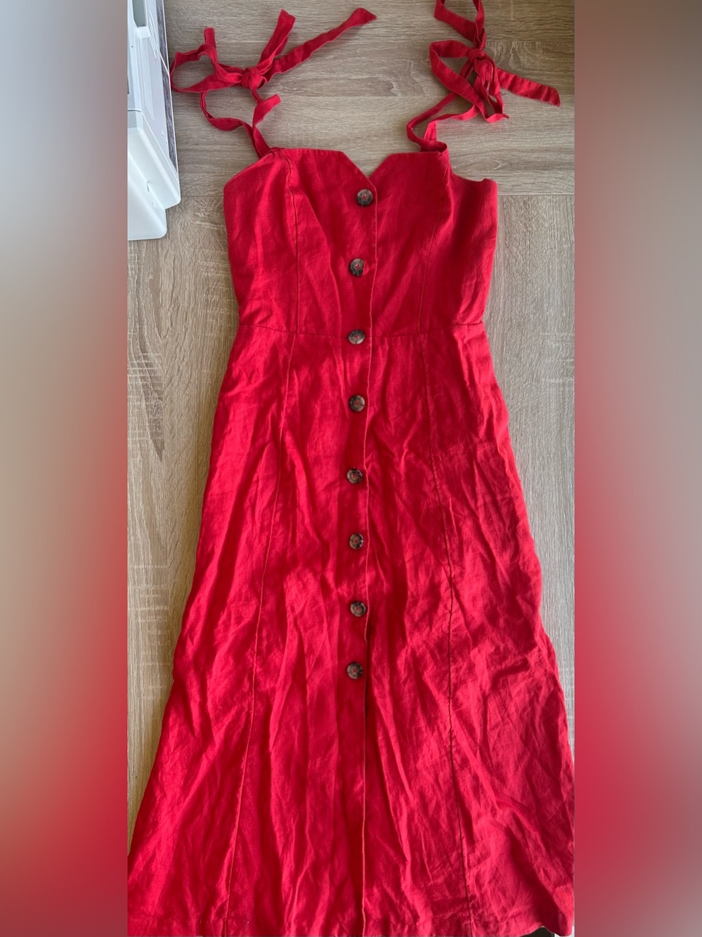 Aritzia Wilfed Linen Red Button-Front Tie-Strap Sundress XS 0